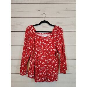 Liz Claiborne Women's Red White Floral Bell Sleeve Square Neck Blouse Size Small